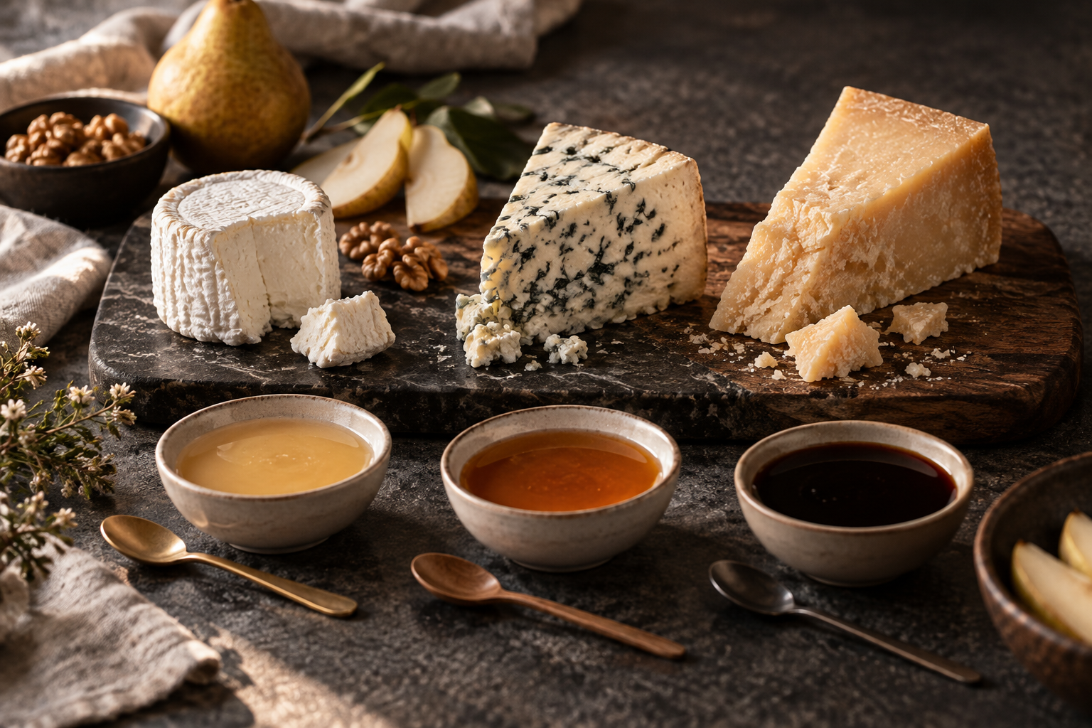Plateau de fromages avec trois miels de couleurs différentes pour une dégustation comparative