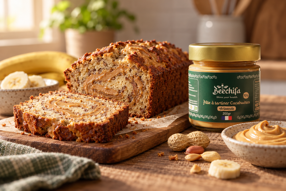 Banana bread marbré à la pâte à tartiner Cacahuète avec le pot Beechifa
