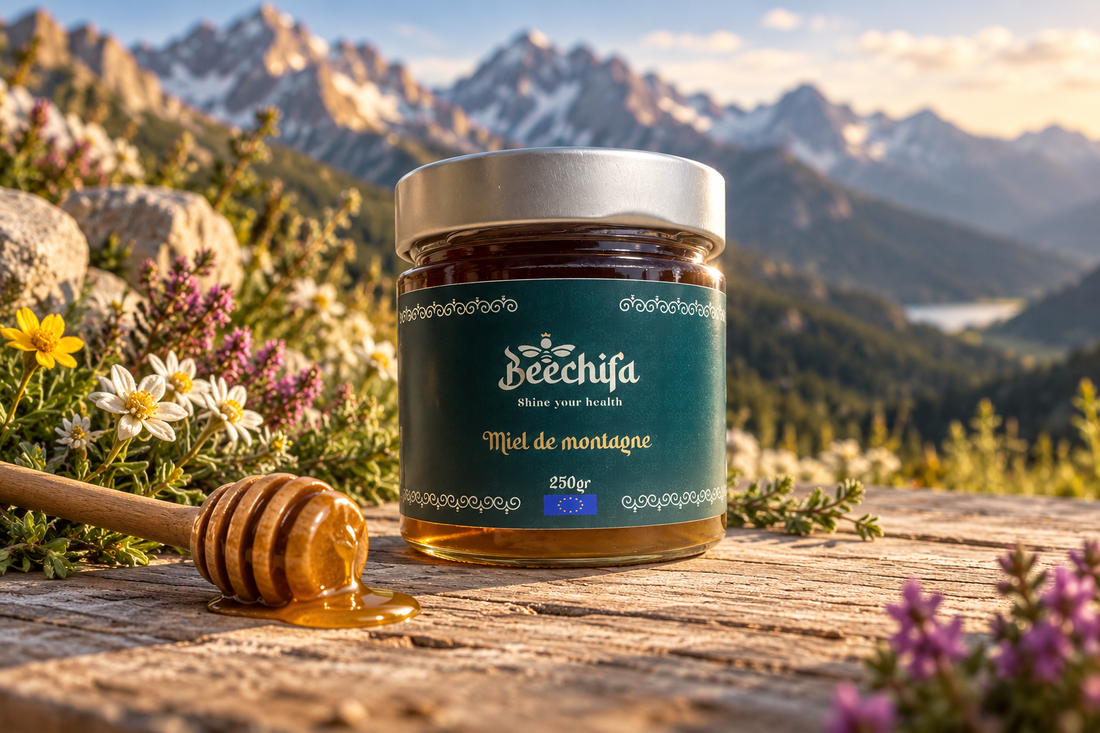 Beechifa-Berghonigglas mit Honiglöffel vor einer alpinen Landschaft