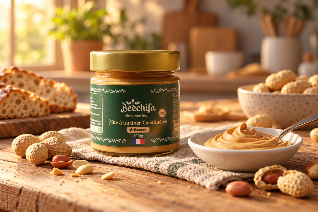 Pot de pâte à tartiner Cacahuète Beechifa avec des cacahuètes et une cuillère de pâte sur une table en bois