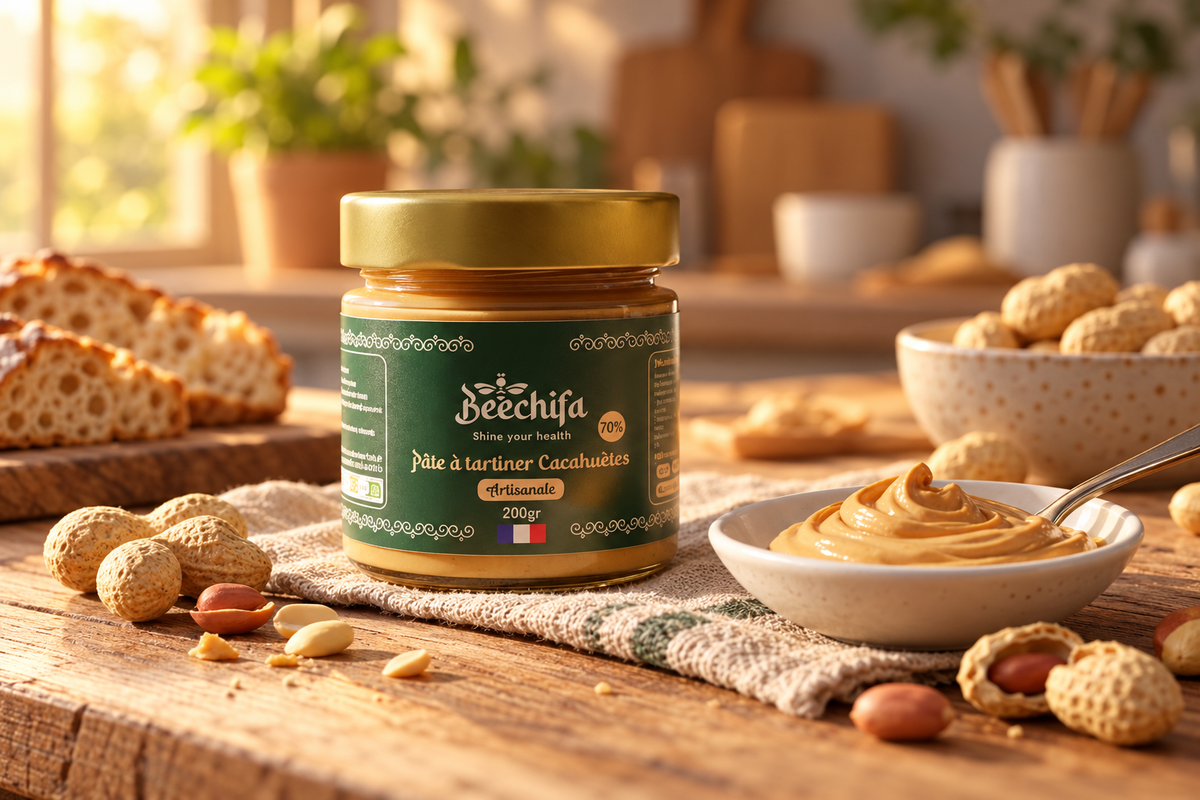 Pot de pâte à tartiner Cacahuète Beechifa avec des cacahuètes et une cuillère de pâte sur une table en bois