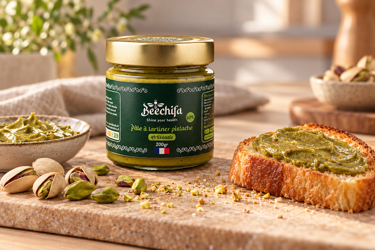 Pot de pâte à tartiner Pistache Beechifa entouré de pistaches et d’une tranche de brioche tartinée