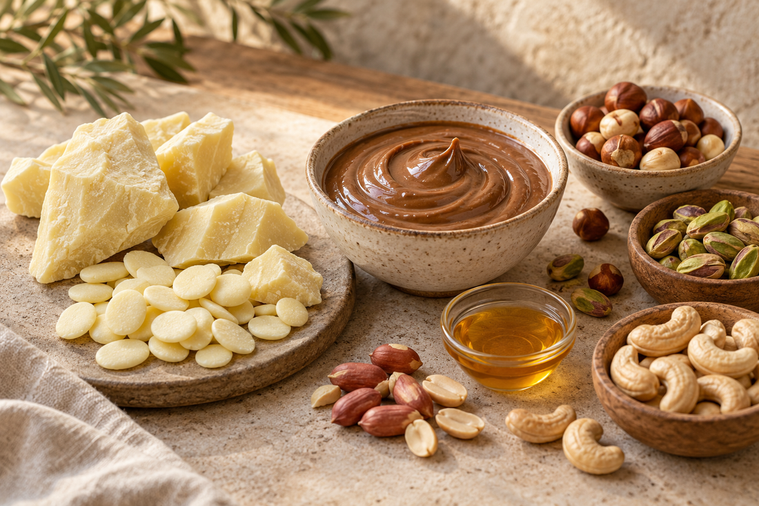 Beurre de cacao, fruits à coque, miel et pâte à tartiner disposés sur une table artisanale