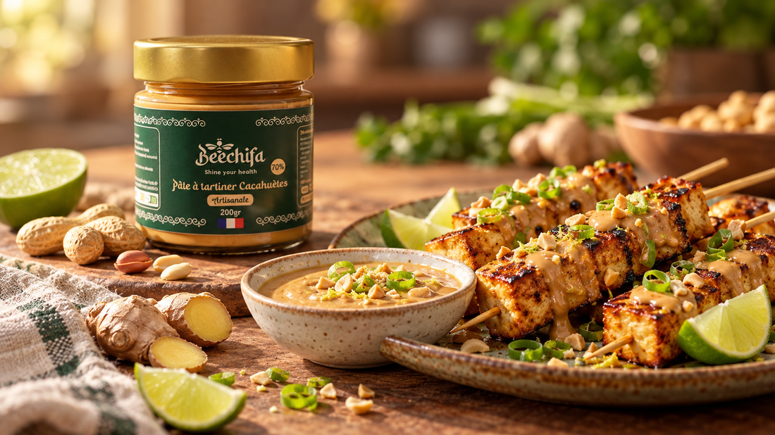 Brochettes de tofu dorées avec sauce à la pâte Cacahuète, citron vert et gingembre, près du pot Beechifa