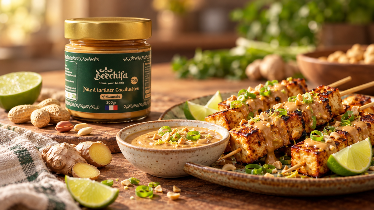 Brochettes de tofu dorées avec sauce à la pâte Cacahuète, citron vert et gingembre, près du pot Beechifa