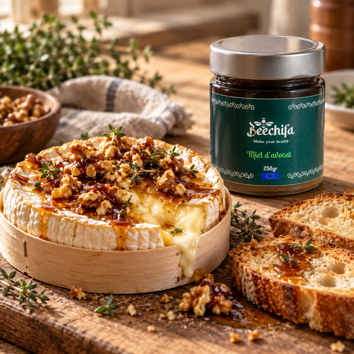 Camembert rôti au miel d’avocat, noix et thym avec le pot Beechifa