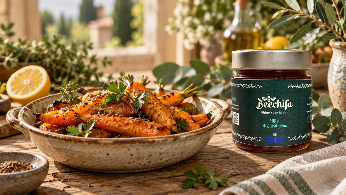 Carottes rôties au miel d’eucalyptus et au cumin servies avec un pot Beechifa