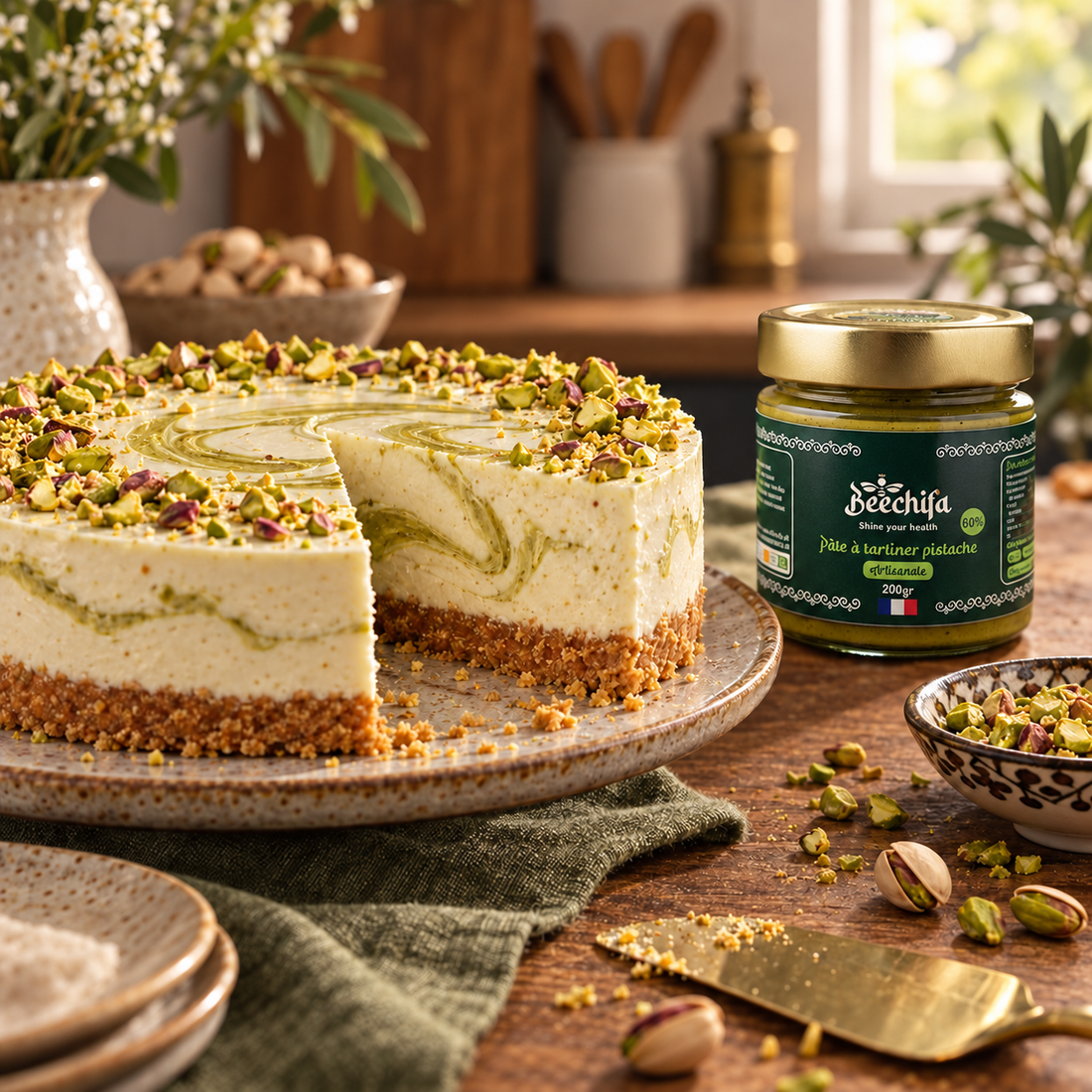 Cheesecake sans cuisson à la pistache avec notre pot de pâte à tartiner Pistache Beechifa