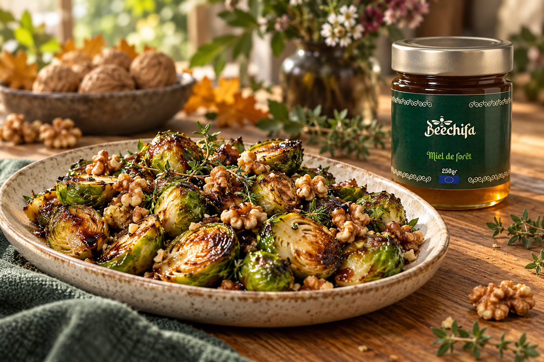 Choux de Bruxelles rôtis au miel de forêt, balsamique et noix avec un pot Beechifa