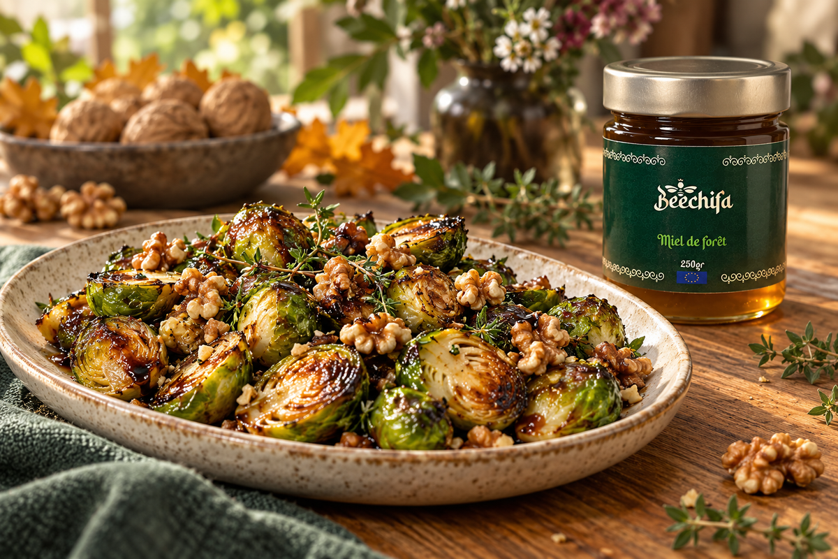 Choux de Bruxelles rôtis au miel de forêt, balsamique et noix avec un pot Beechifa