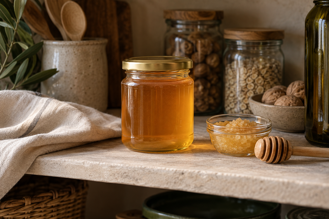 Pot de miel fermé dans un placard, avec du miel cristallisé et une cuillère en bois