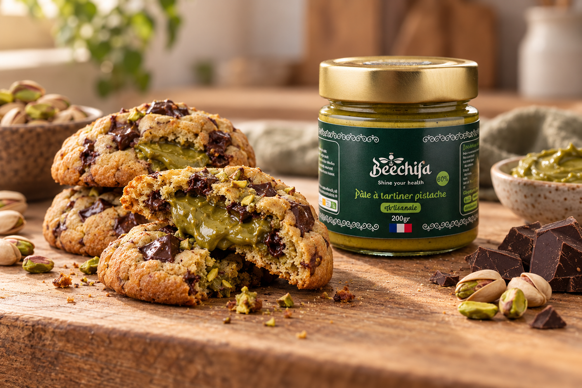 Cookies au chocolat noir avec cœur coulant à la pâte Pistache et pot Beechifa