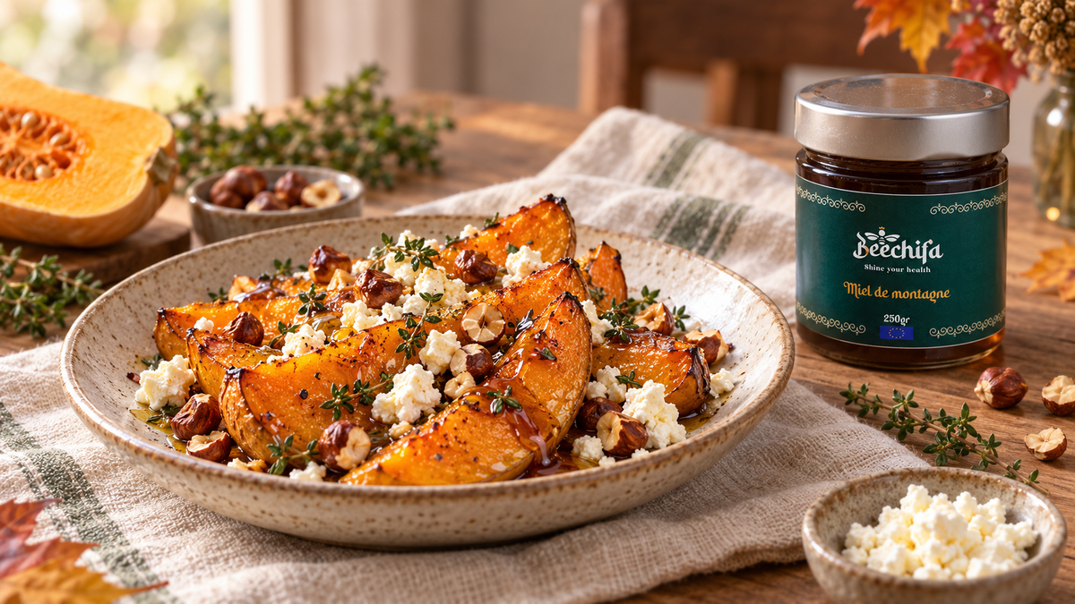 Courge rôtie au miel de montagne avec feta et noisettes, accompagnée du pot Beechifa