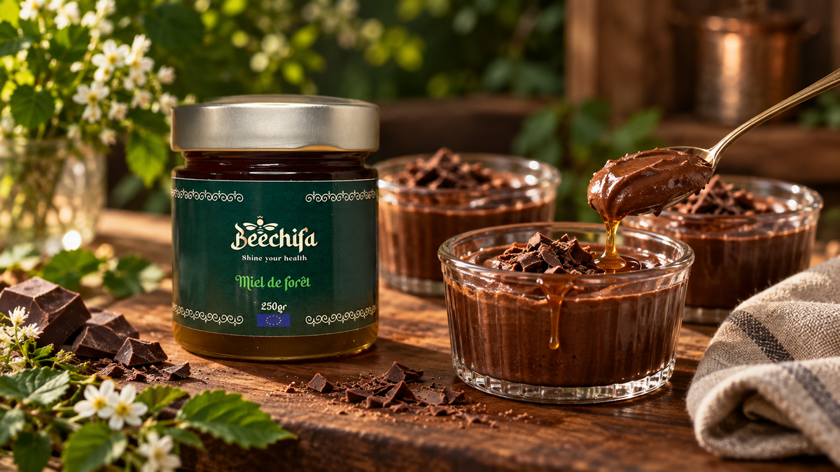 Crèmes dessert au chocolat avec un filet de miel et pot de miel de forêt Beechifa