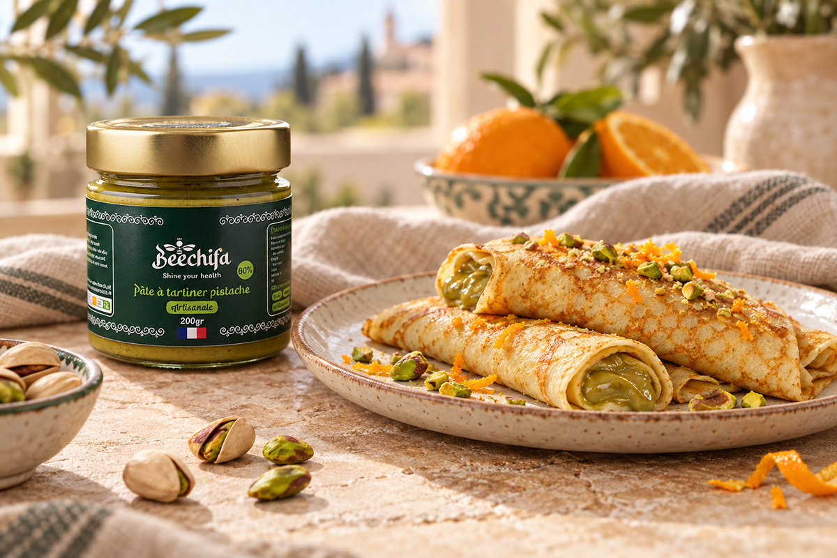 Crêpes roulées garnies de pâte à tartiner pistache Beechifa et zestes d’orange