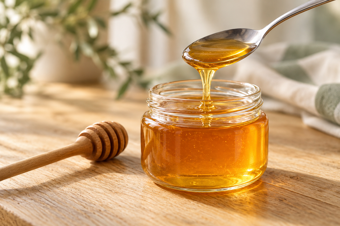 Cuillère en acier inoxydable laissant couler du miel dans un pot, avec une cuillère à miel en bois