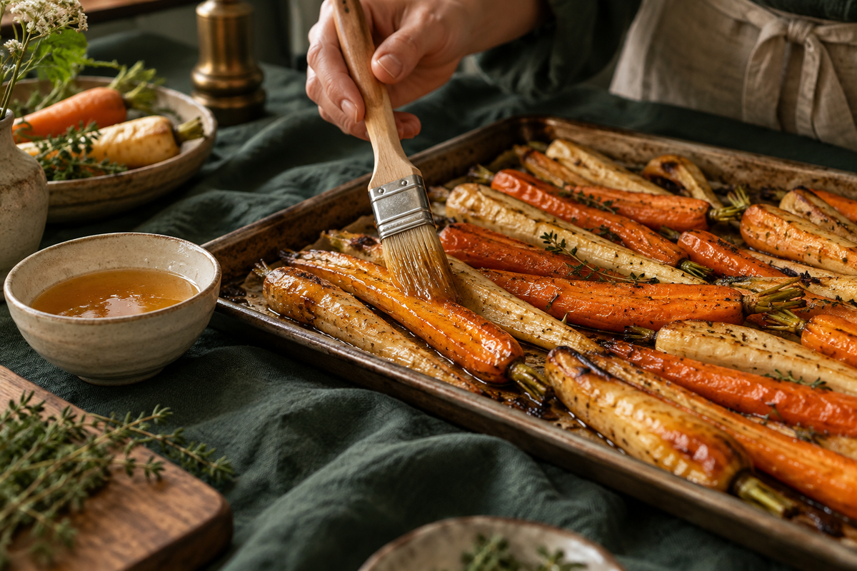 Légumes rôtis badigeonnés d’un glaçage au miel en fin de cuisson