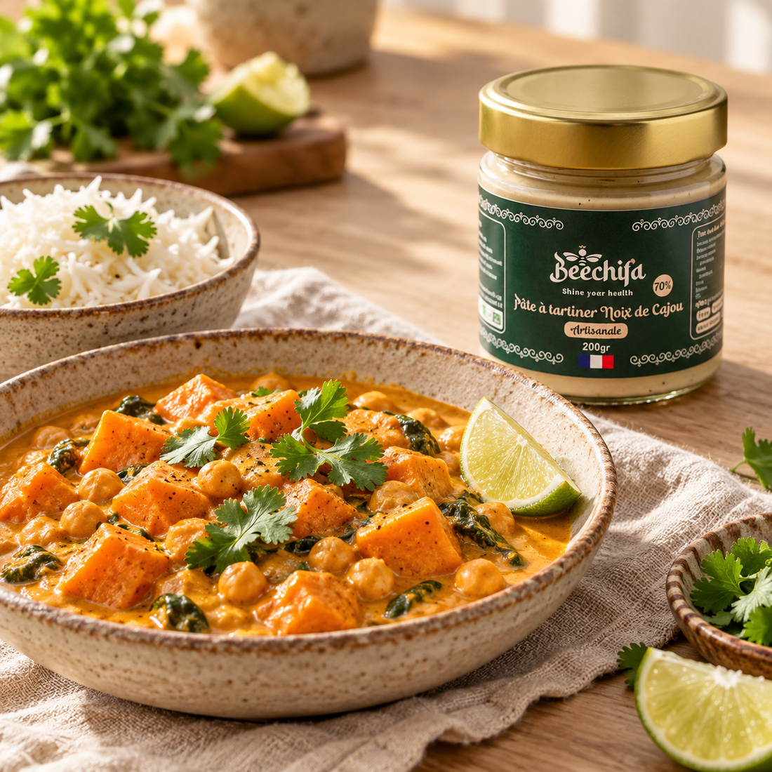 Curry crémeux de patate douce et pois chiches servi avec du riz, à côté du pot de pâte Noix de cajou Beechifa.