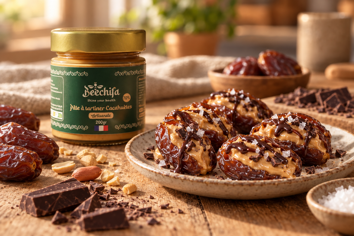 Dattes fourrées à la pâte Cacahuète Beechifa, chocolat noir et fleur de sel