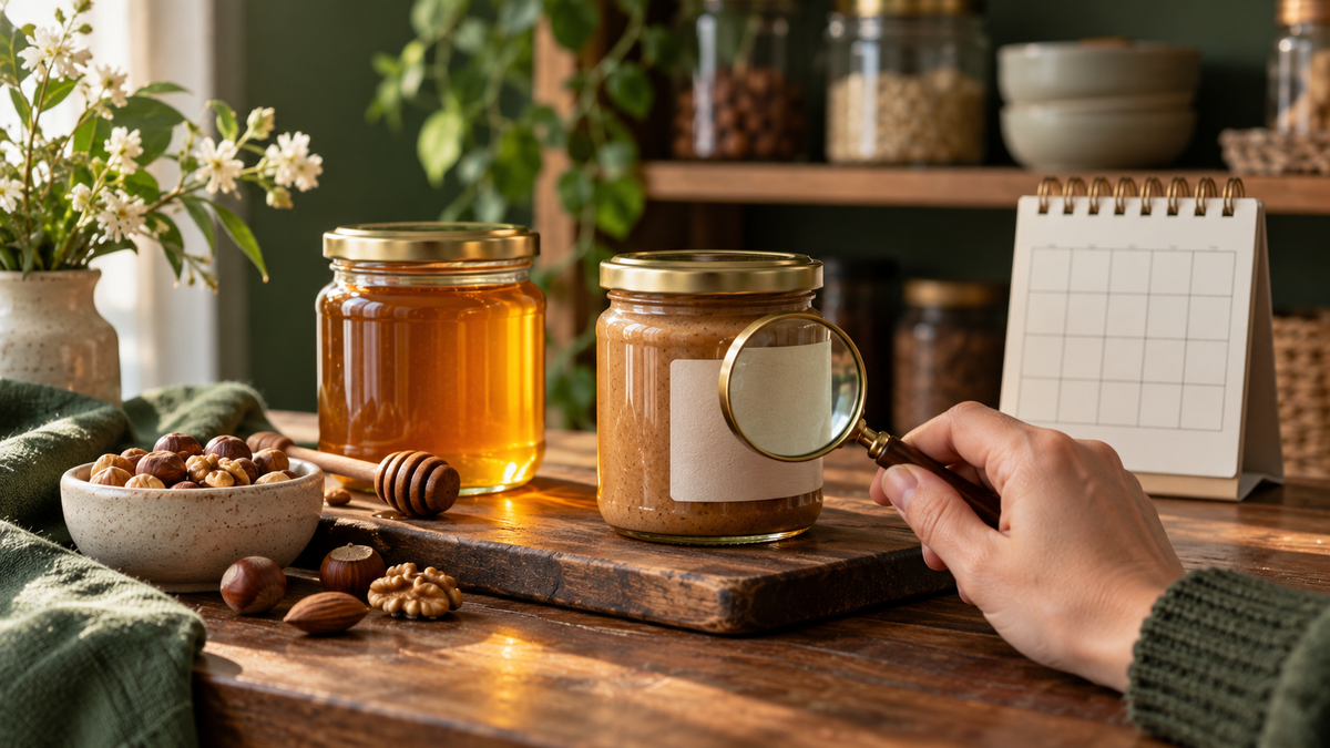 Pots de miel et de pâte à tartiner observés à la loupe près d’un calendrier