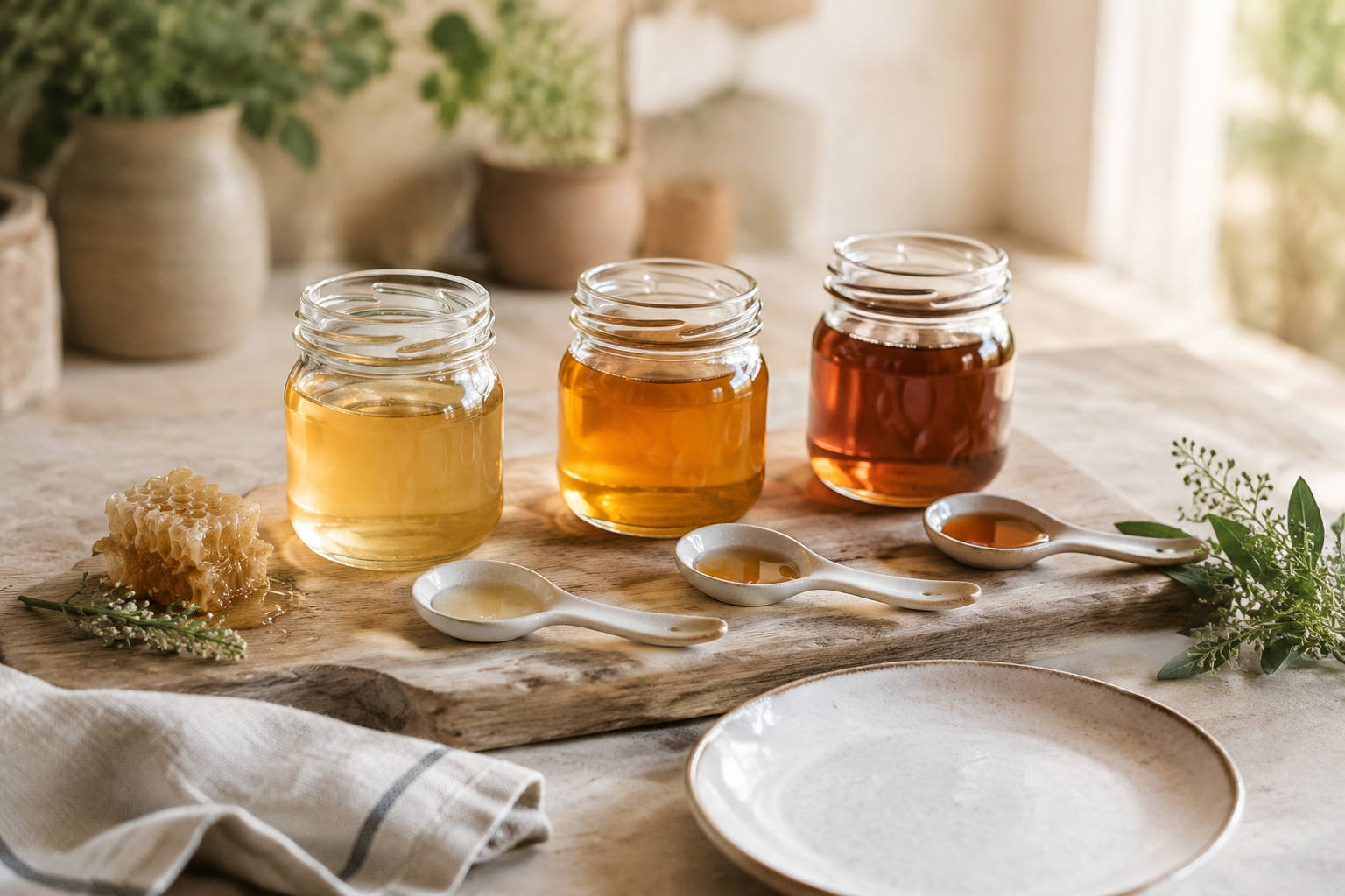 Trois miels de teintes différentes présentés avec des cuillères pour une dégustation comparative