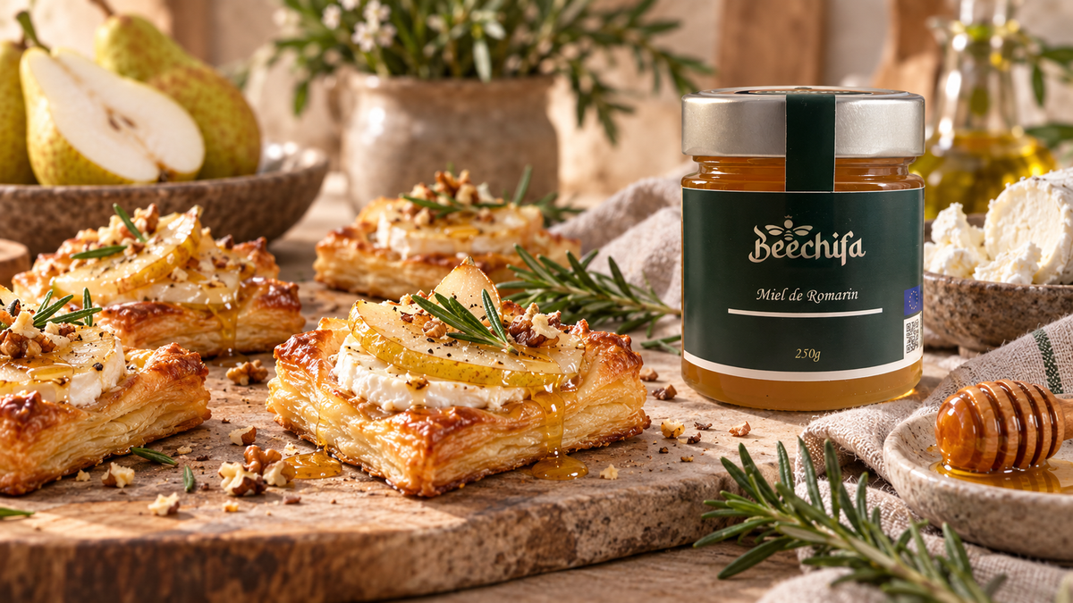 Feuilletés dorés au chèvre et à la poire avec un pot de miel de romarin Beechifa