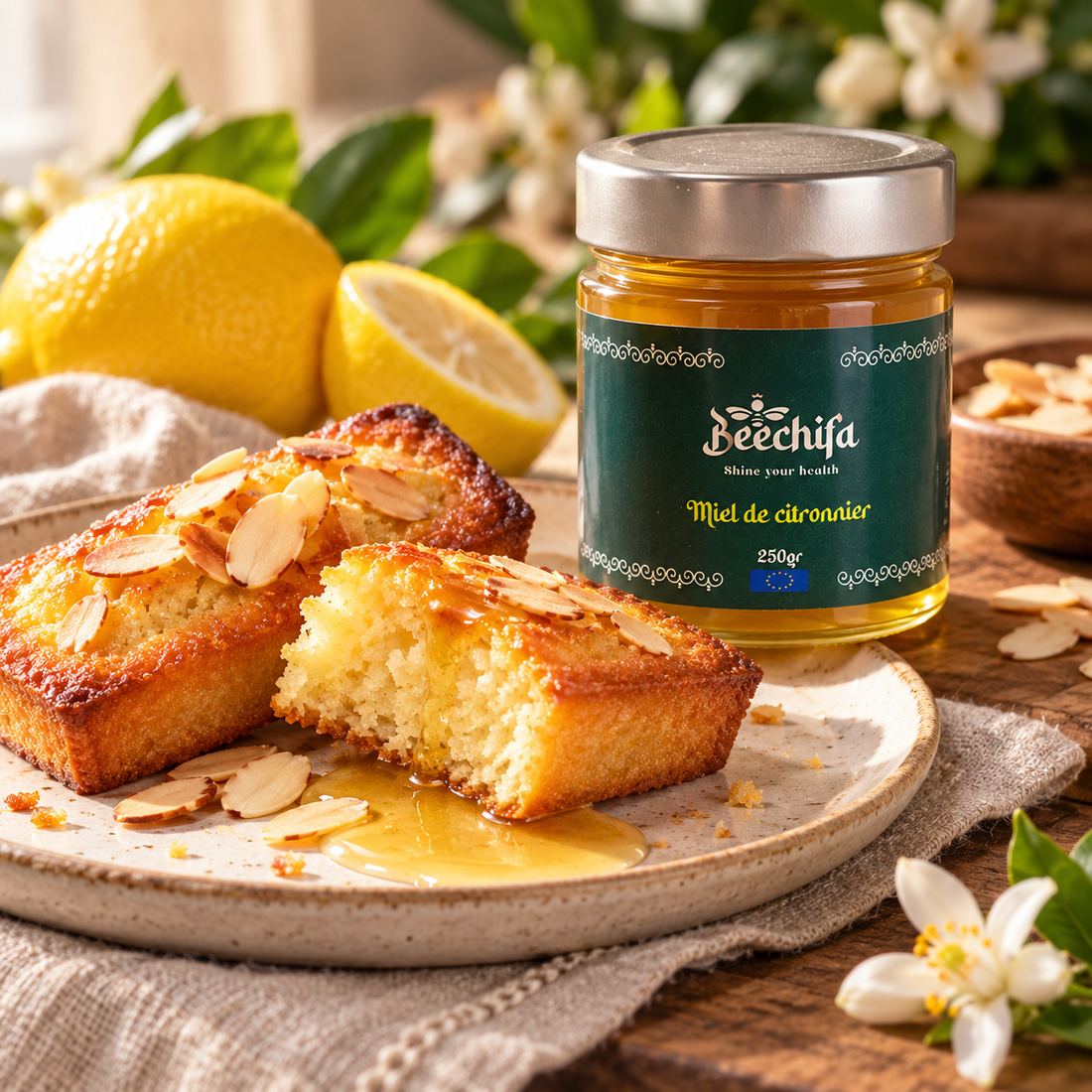 Financiers aux amandes nappés de miel de citronnier avec un pot Beechifa
