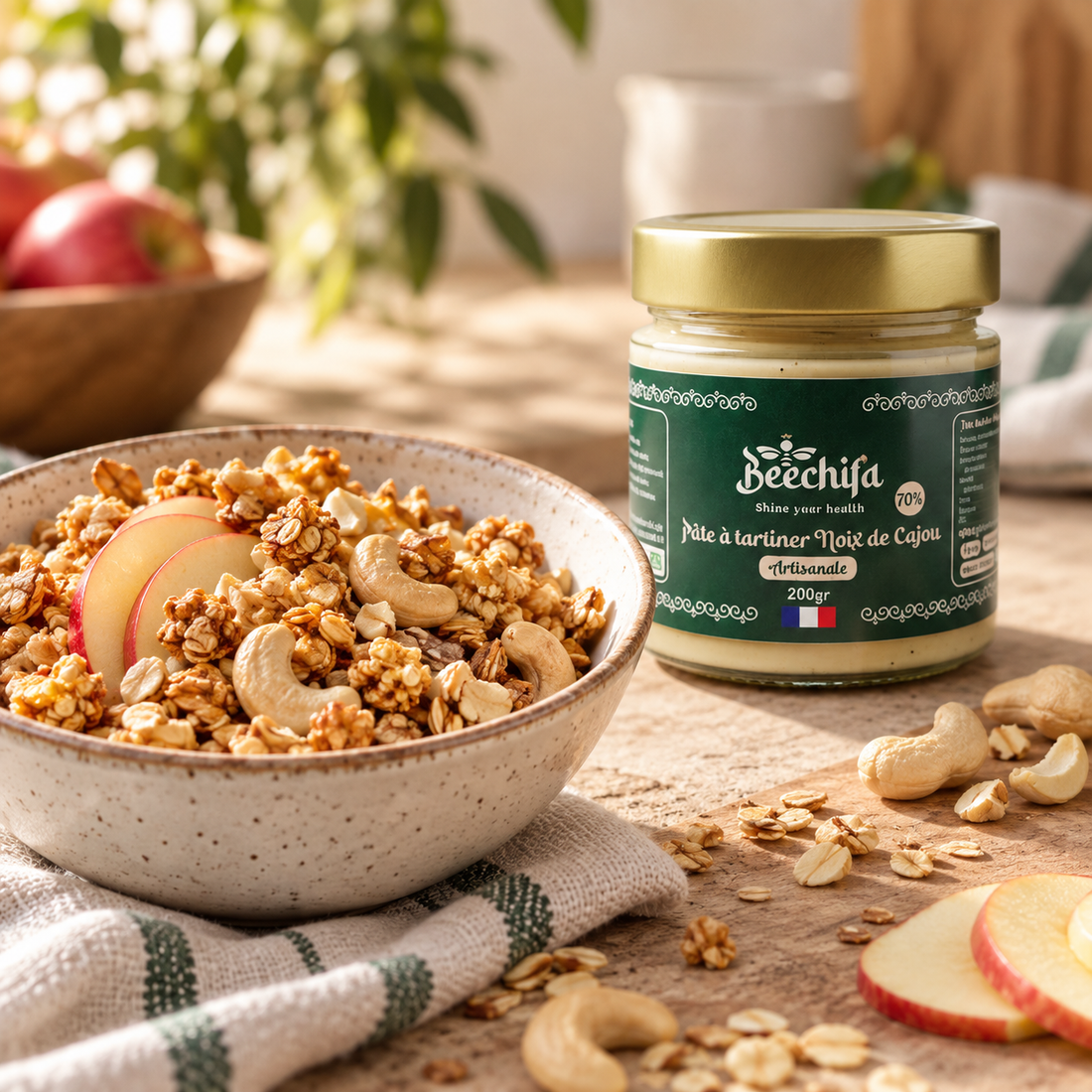 Bol de granola maison croustillant avec pommes, noix de cajou et pot de pâte à tartiner Beechifa