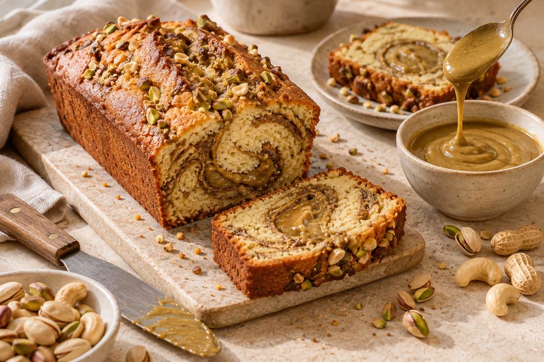 Cake marbré garni de pâte à tartiner, avec une tranche et un nappage dans un décor pâtissier artisanal