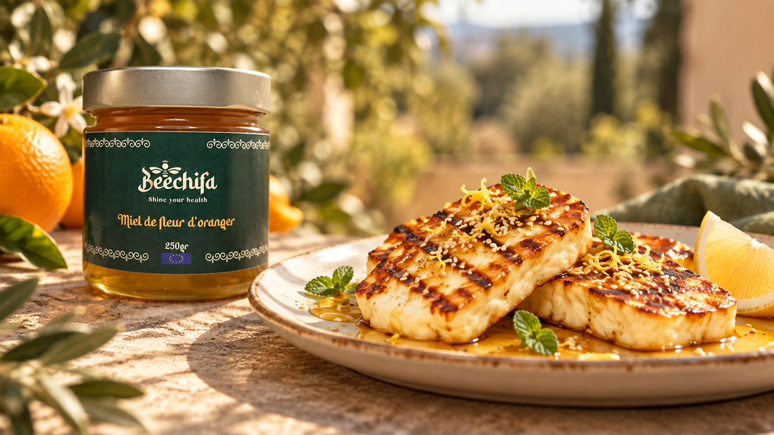 Halloumi grillé au miel de fleur d’oranger, citron et sésame avec le pot Beechifa