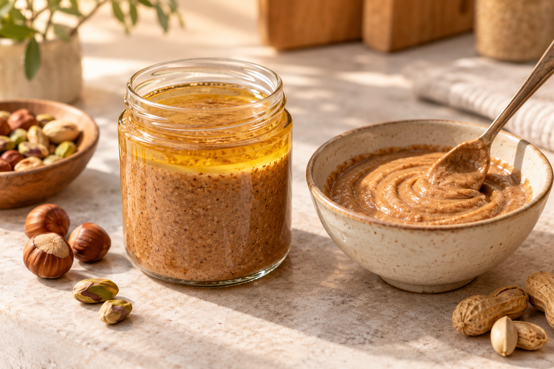 Couche d’huile naturelle sur une pâte à tartiner et texture homogène après mélange