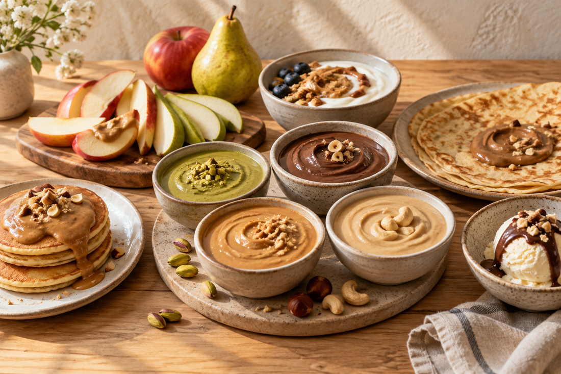 Pâtes à tartiner artisanales servies avec fruits, crêpes, yaourt, pancakes et glace
