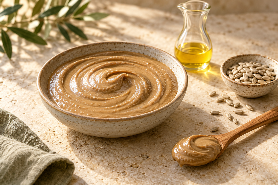 Bol de pâte à tartiner onctueuse entouré de graines de tournesol, d’huile et d’une cuillère en bois