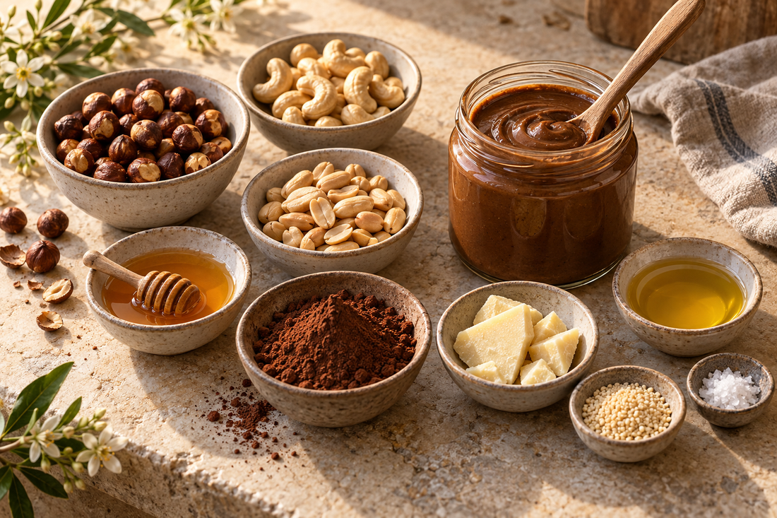 Ingrédients d’une pâte à tartiner artisanale disposés autour d’un pot sans étiquette