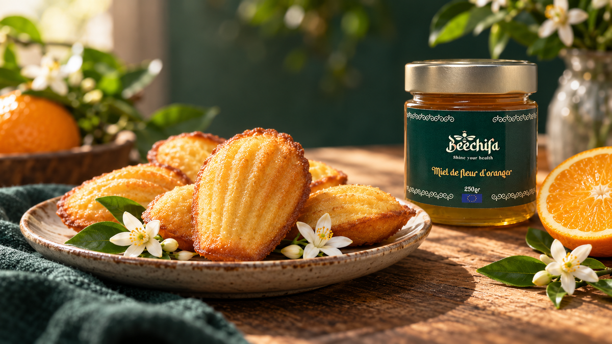 Madeleines dorées au miel de fleur d’oranger avec notre pot Beechifa
