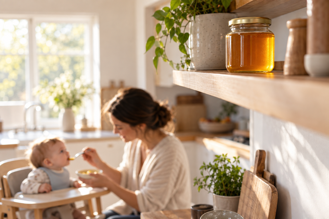 Pot de miel fermé placé en hauteur pendant qu’un parent nourrit un bébé sans miel