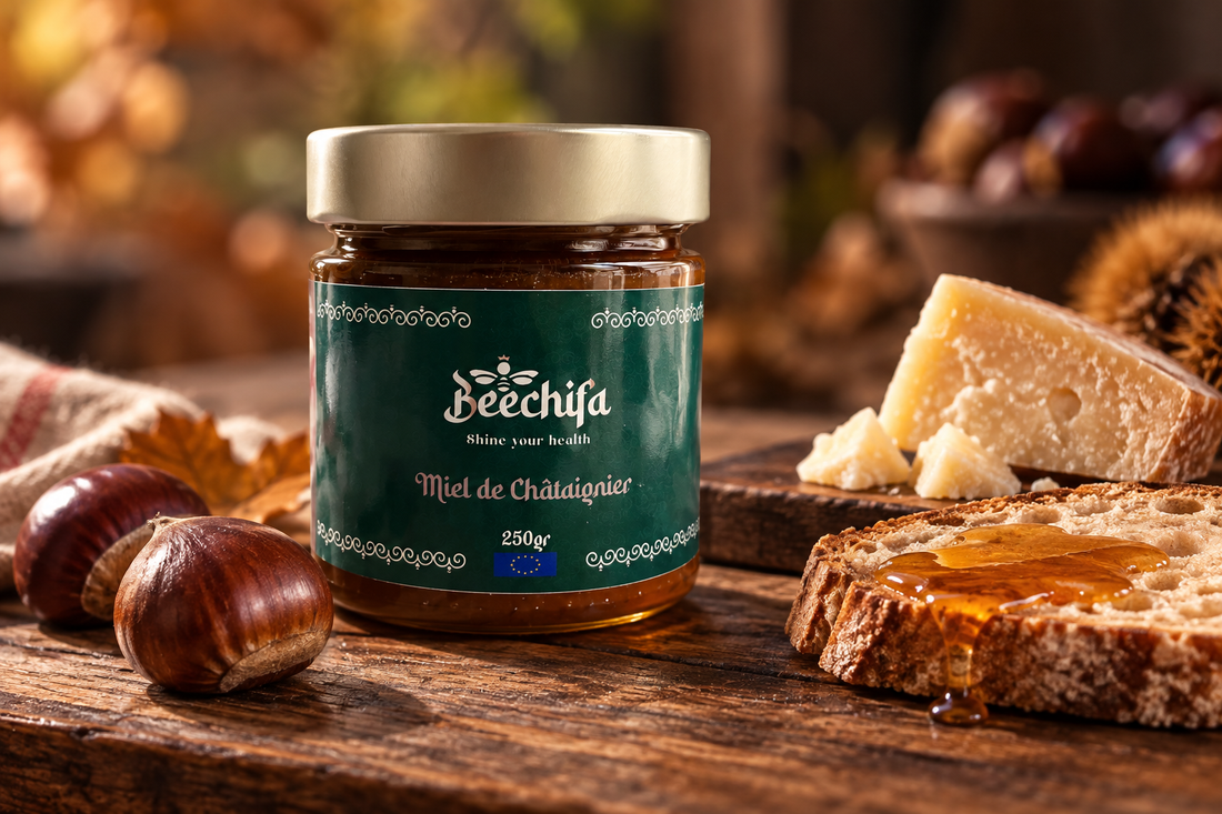 Beechifa-Glas mit rohem Kastanienhonig, Brot, gereiftem Käse und Kastanien auf einem Holztisch