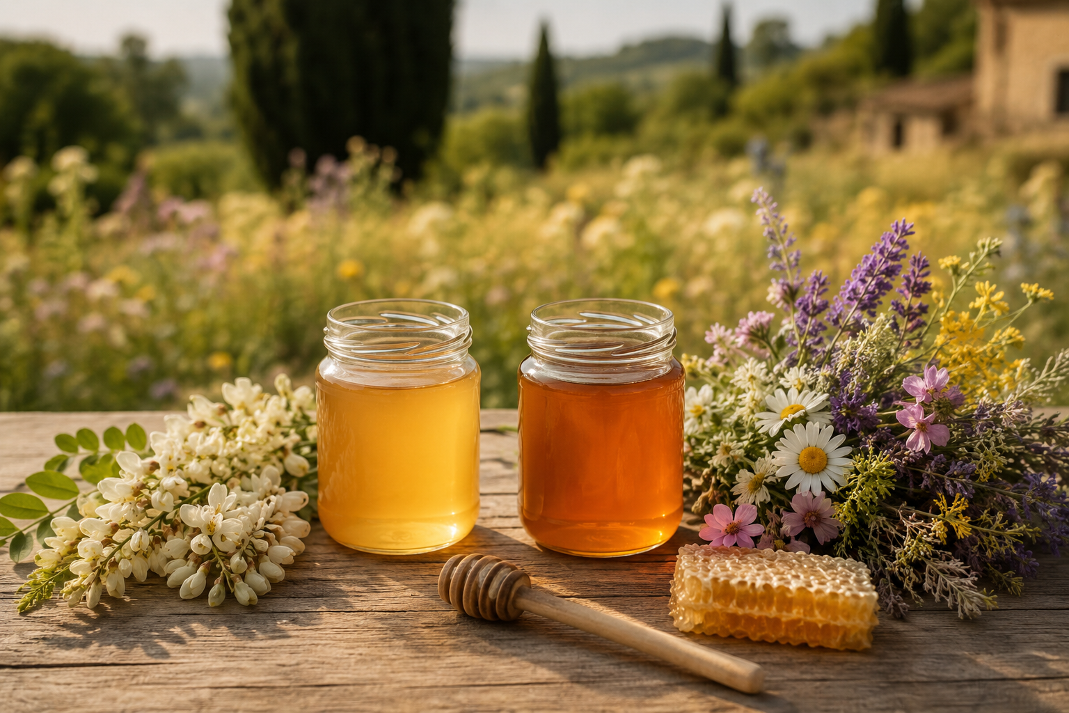 Deux pots de miel entourés d’une variété unique de fleurs et d’un bouquet de fleurs sauvages