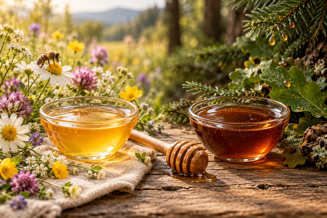 Deux miels, l’un clair près de fleurs et l’autre foncé près de feuilles de forêt, illustrant le nectar et le miellat