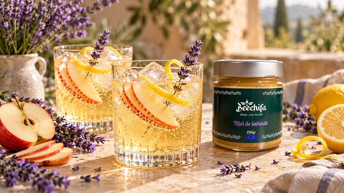 Mocktail pétillant à la pomme, au miel brut de lavande et au citron avec le pot Beechifa