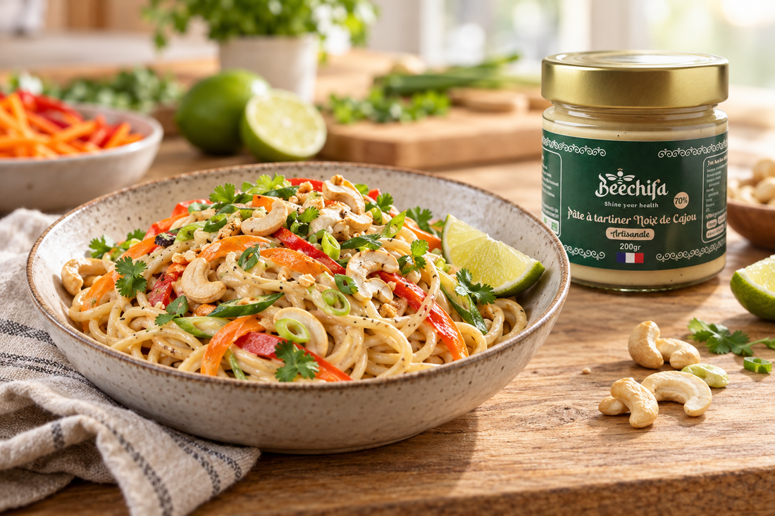 Nouilles crémeuses aux légumes, citron vert et pâte de noix de cajou Beechifa