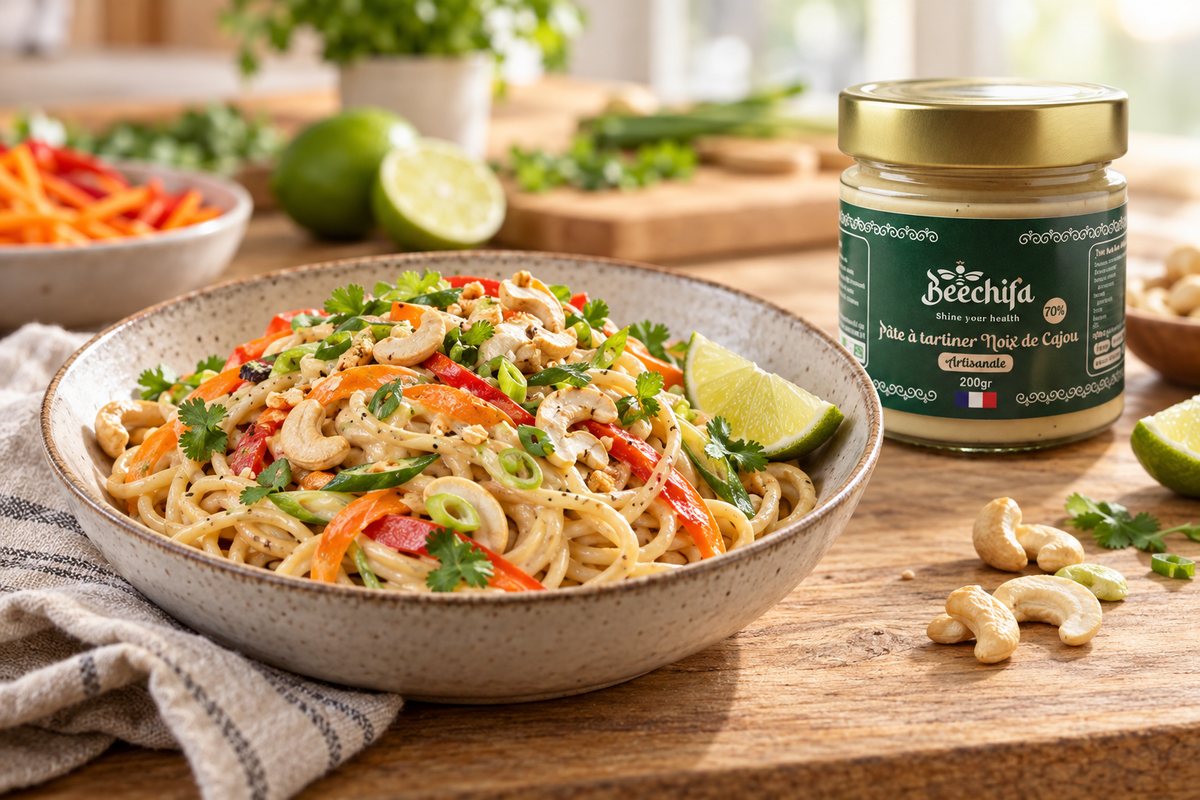 Nouilles crémeuses aux légumes, citron vert et pâte de noix de cajou Beechifa