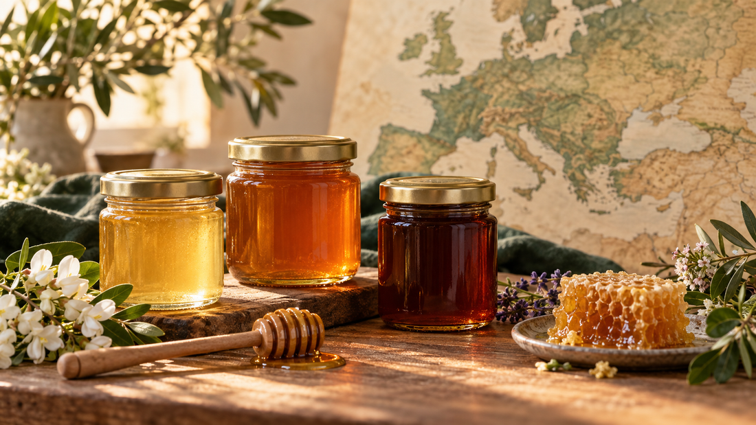 Trois pots de miel de teintes différentes devant une carte de l’Europe et de la Méditerranée