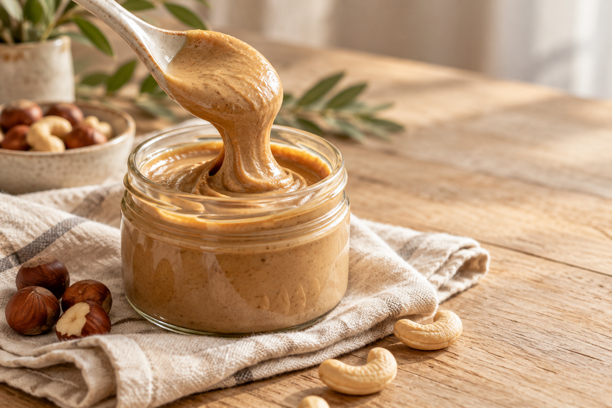 Cuillère soulevant une pâte à tartiner artisanale épaisse et crémeuse dans un pot ouvert