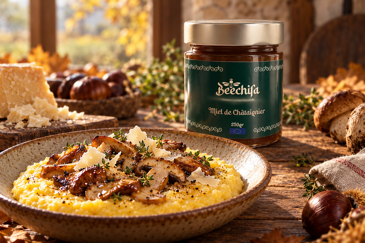 Polenta crémeuse aux champignons avec un pot de miel brut de châtaignier Beechifa