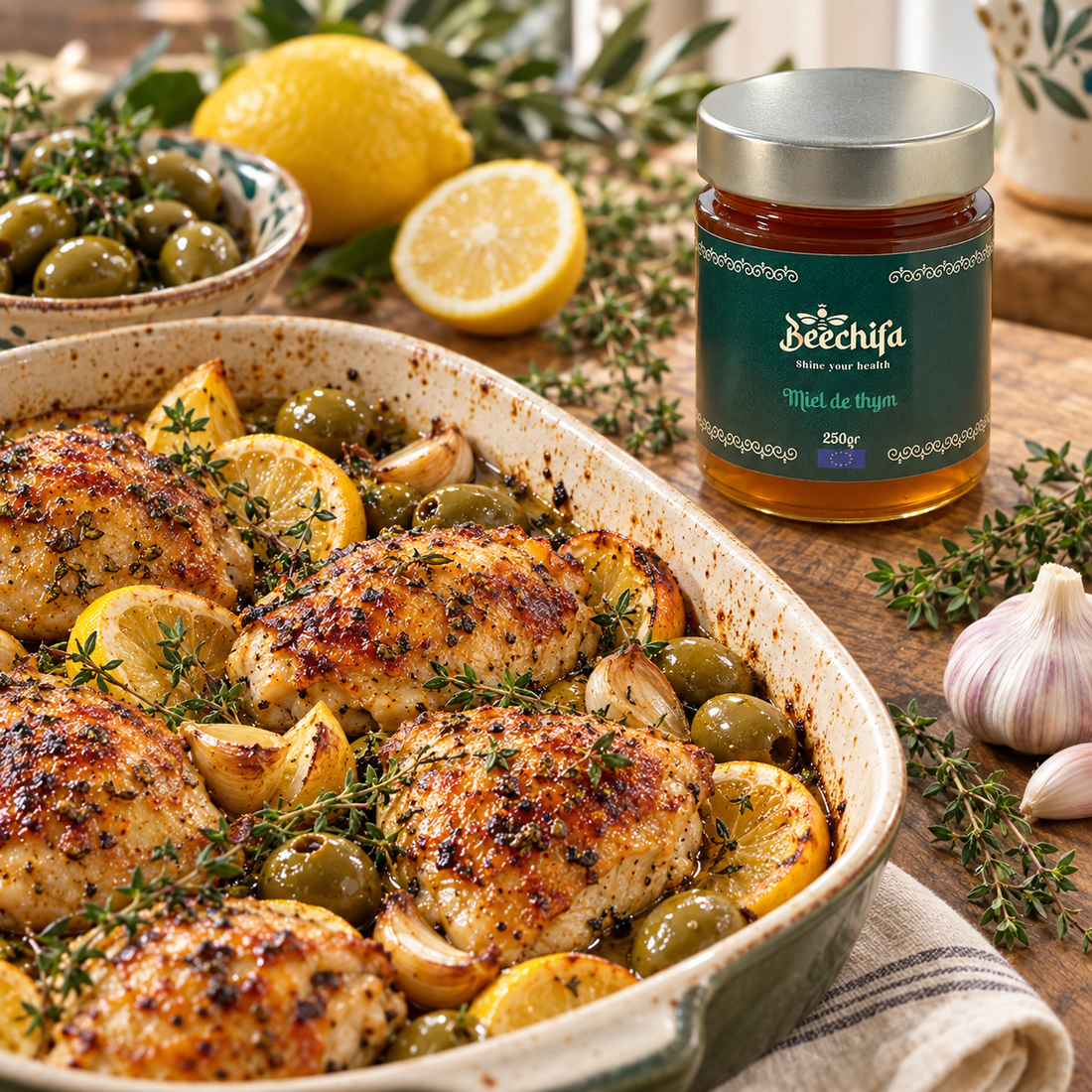 Poulet rôti au miel de thym, citron, ail et olives avec le pot Beechifa