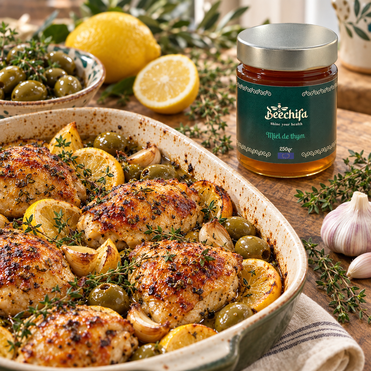 Poulet rôti au miel de thym, citron, ail et olives avec le pot Beechifa