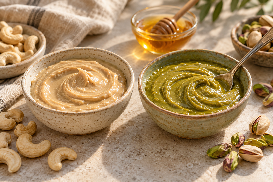 Zwei Schalen mit Cashewmus und Pistazienaufstrich, dazu Nüsse und Honig