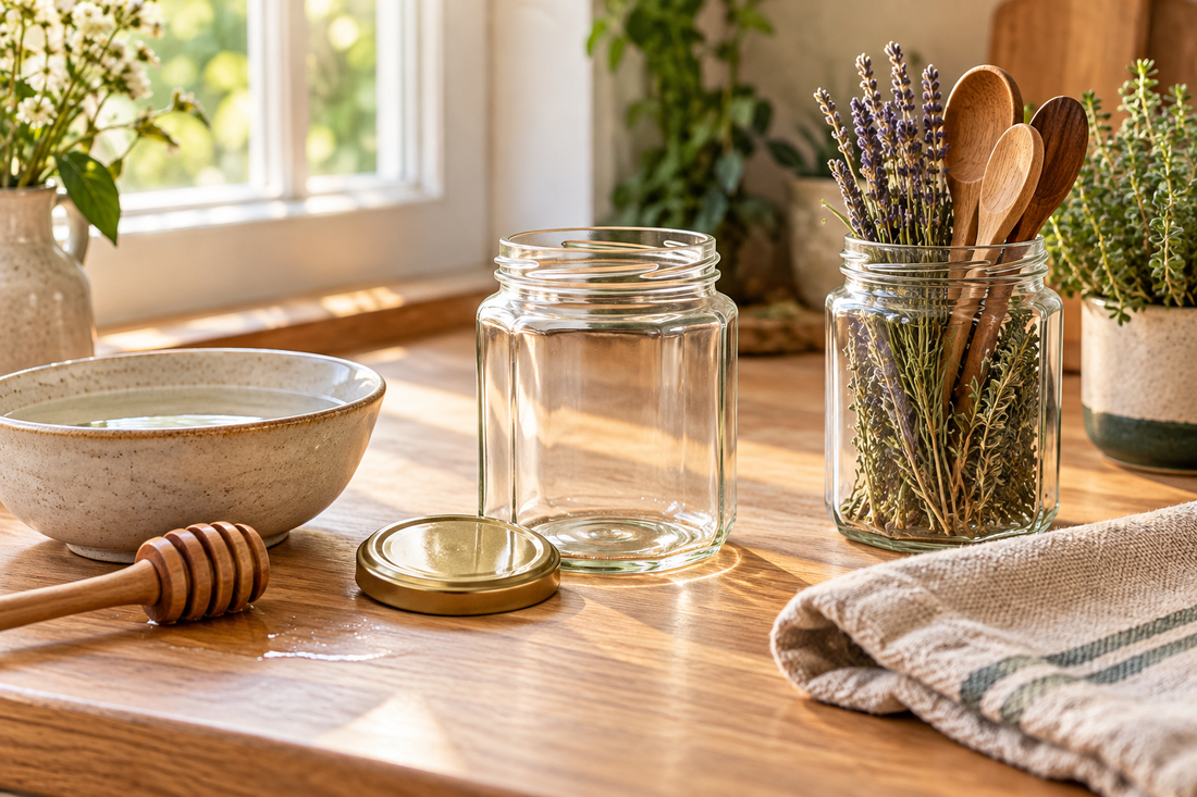 Pots en verre vides nettoyés, dont un réutilisé pour ranger des ustensiles en bois