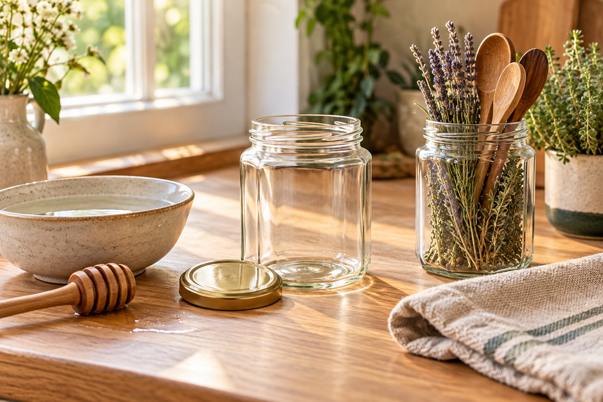 Pots en verre vides nettoyés, dont un réutilisé pour ranger des ustensiles en bois